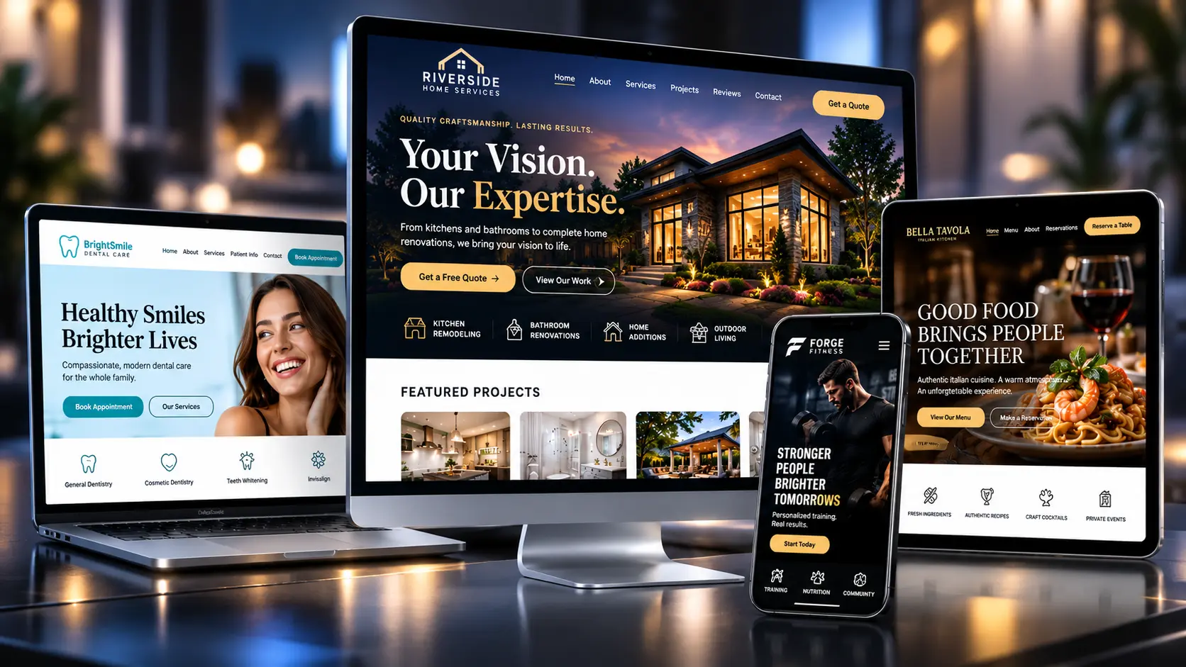 Modern business websites shown on desktop, tablet and phone