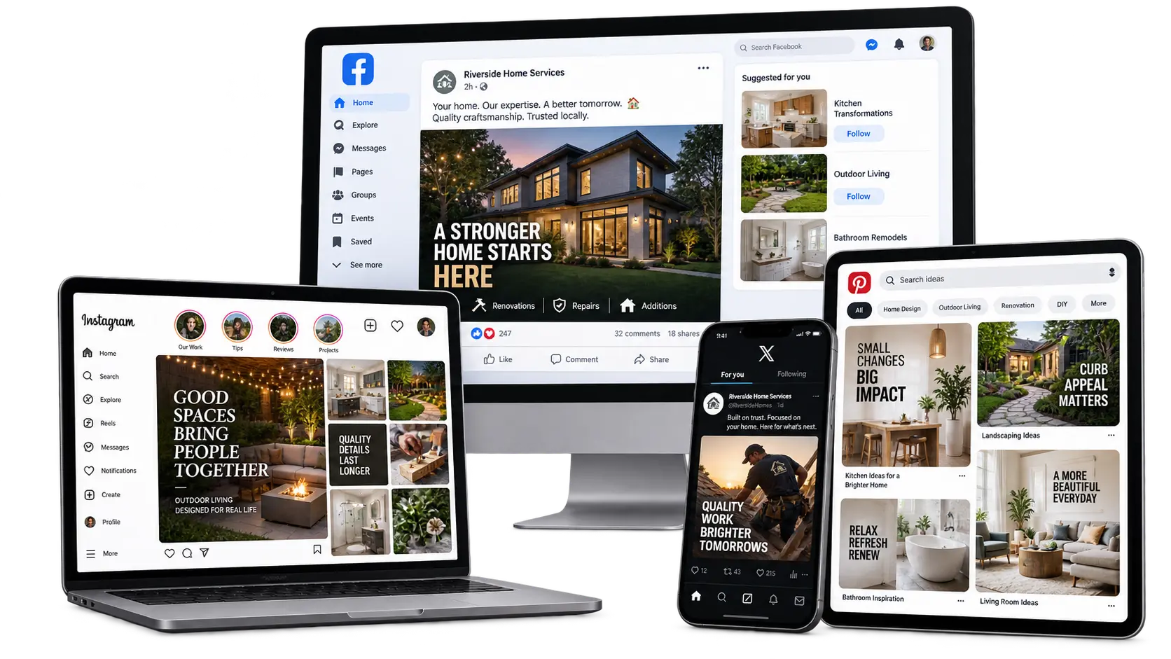 Branded social posts shown on phone, tablet and desktop feeds