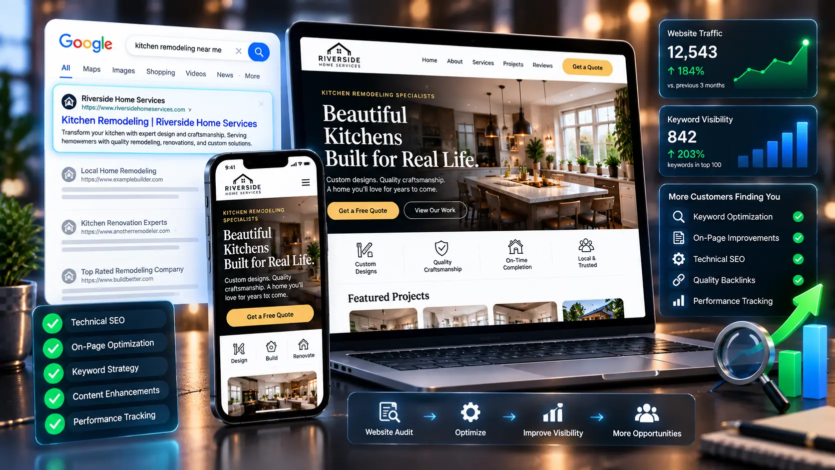 Search rankings and traffic dashboards for a local business