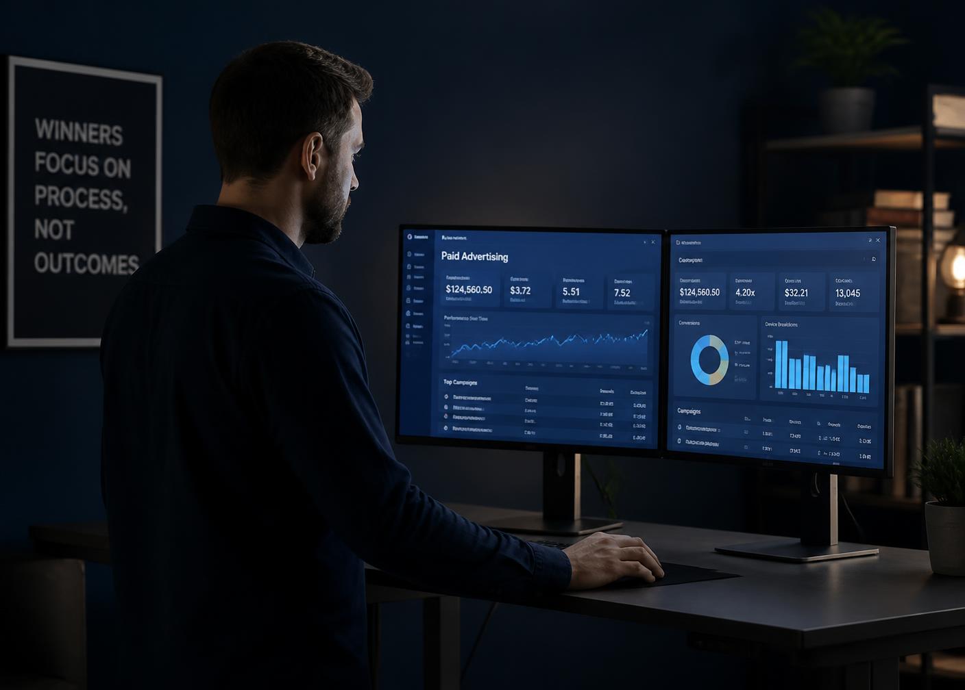 Marketing specialist reviewing paid advertising performance dashboards