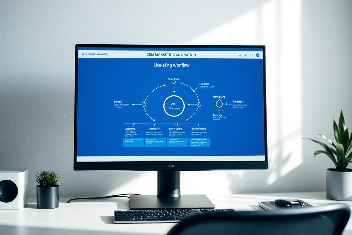 CRM marketing automation workflow diagram on screen