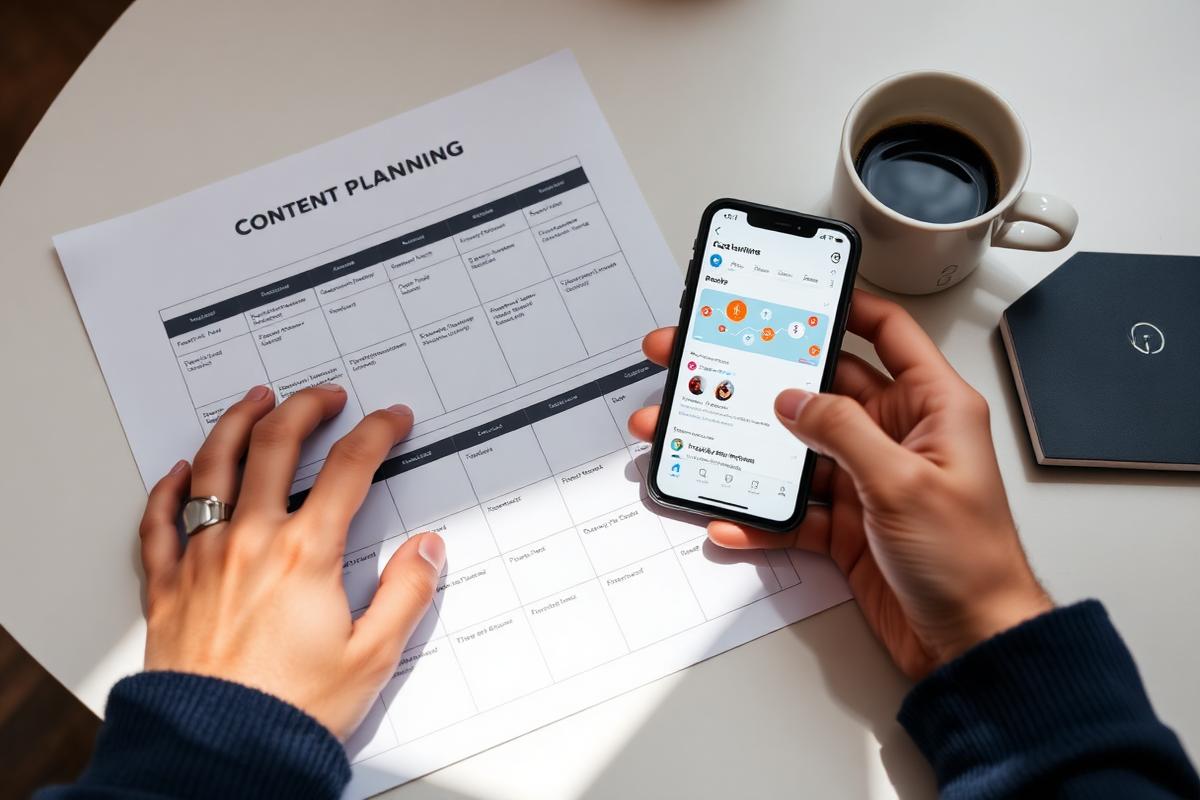 Content calendar and social media analytics being reviewed